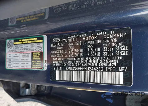 2017 Hyundai Santa Fe Se from USA, damaged, VIN KM8SN4HF6HU244312